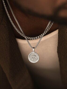 Men's Silver Cancer Pendant Necklace Set